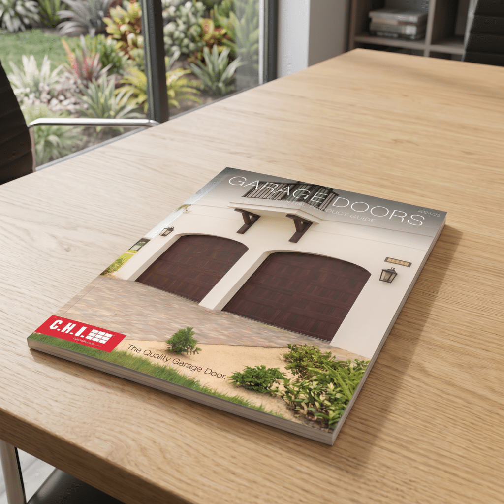 A magazine titled Garage Doors: Product Guide featuring wooden garage doors on the cover sits on a light wood table near a window with a garden view.