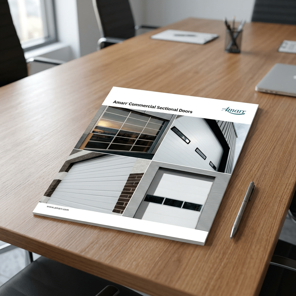 A brochure titled Amarr Commercial Sectional Doors with images of garage doors sits on a wooden conference table beside a pen and a laptop.