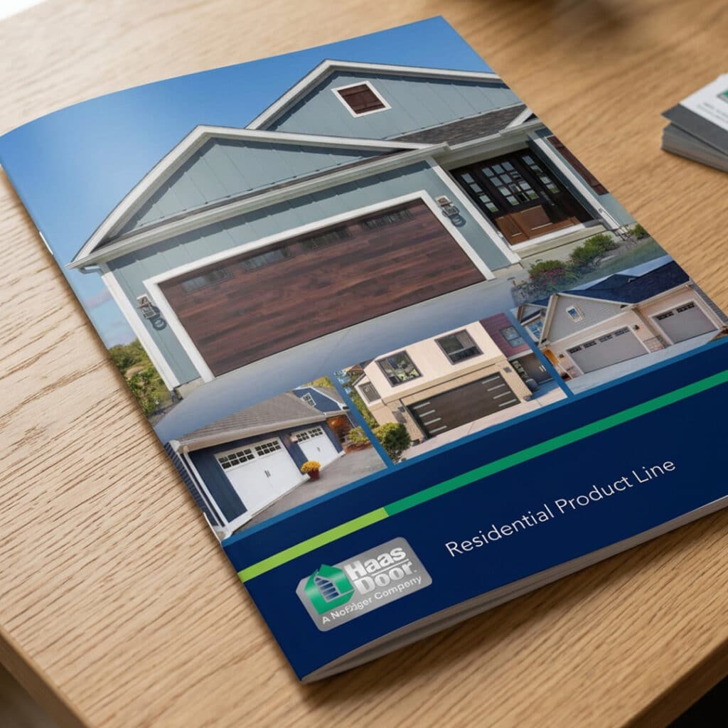 A brochure on a wooden table displays various garage doors on homes, featuring the Haas Door logo and the text Residential Product Line on the cover.