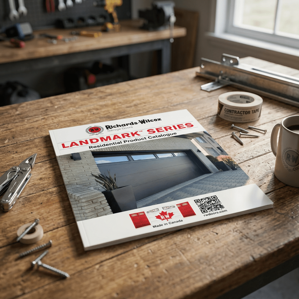 A Richards-Wilcox Landmark Series product catalogue lies on a wooden workbench with tools, screws, tape, and a coffee mug nearby. The catalogue shows a photo of a residential garage door on the cover.