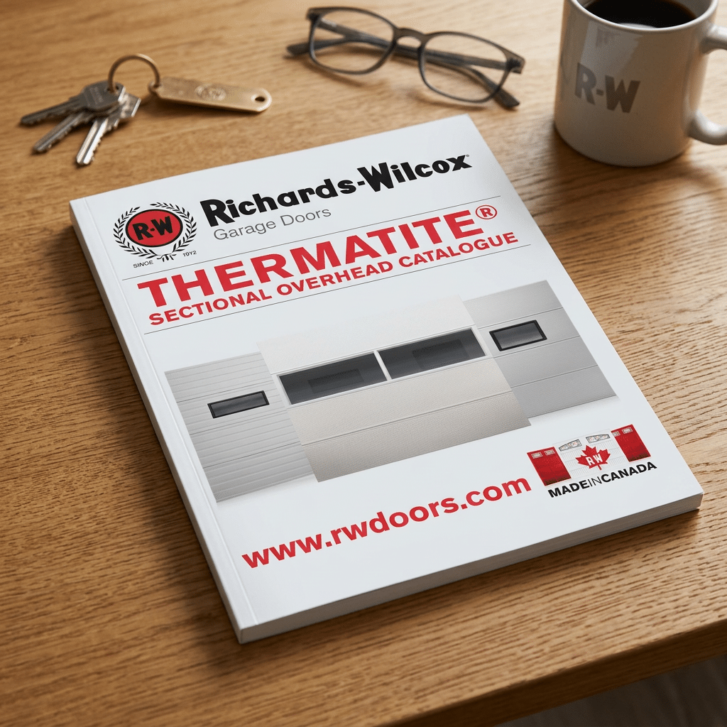 Catalogue for Richards-Wilcox garage doors on a wooden desk, next to keys and a mug. The cover features a white sectional overhead door and website URL, with THERMATITE® in bold red letters.