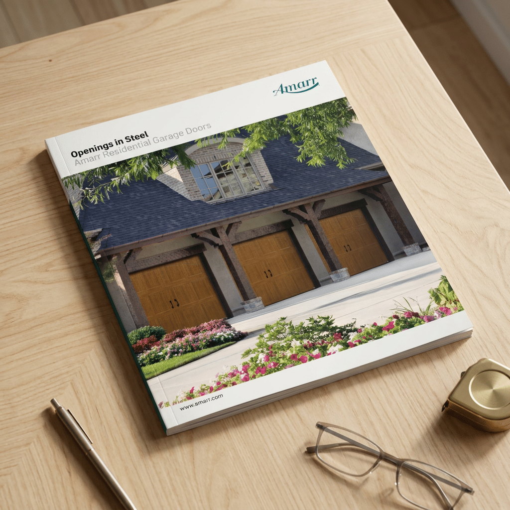 A catalog titled “Openings in Steel: Amarr Residential Garage Doors” sits on a wooden table near a pen, glasses, and a cup, featuring a photo of a house with wooden garage doors on the cover.