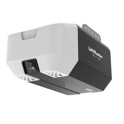 A LiftMaster garage door opener in black and white, shown from a low angle against a plain light gray background. The myQ button and brand logo are visible on the device.
