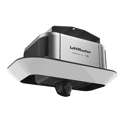 Ceiling-mounted LiftMaster garage door opener in silver and black, featuring a built-in camera and LED light panel, viewed from below against a plain white background.