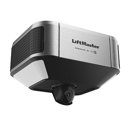 A silver and black LiftMaster garage door opener with a built-in camera, mounted on a white background.