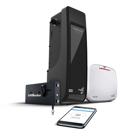 A black LiftMaster garage door opener system with battery backup, a white wall control panel, a locking mechanism, and a smartphone displaying a control app.