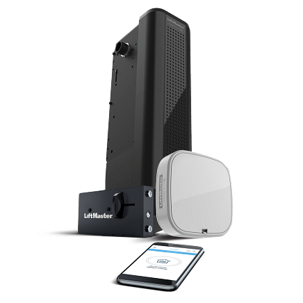 A LiftMaster garage door opener system with a black motor unit, a white smart control device, and a smartphone displaying a garage door app.