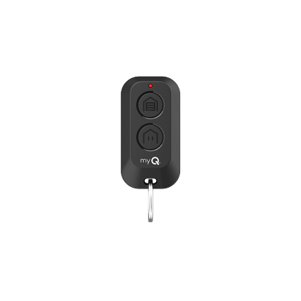 A black myQ remote control with two buttons and a small keyring attached at the bottom, shown against a plain white background.