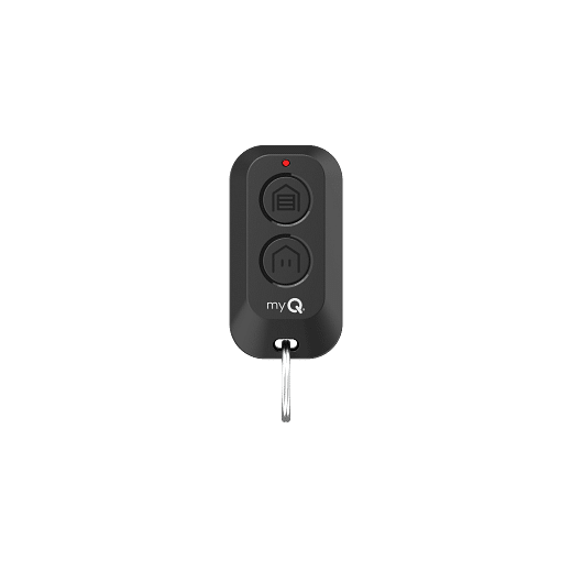 A black myQ garage door remote with two buttons, a small LED light, and a metal keyring at the bottom, photographed on a white background.