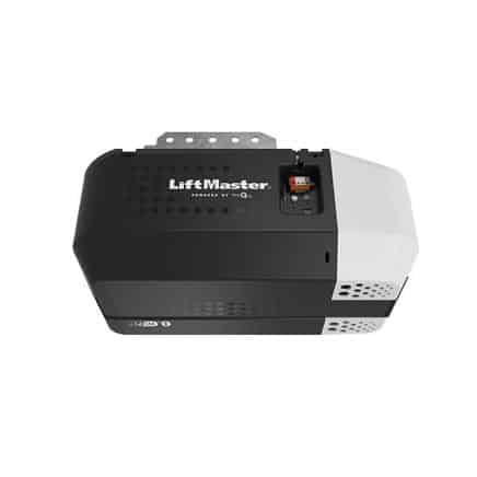 A black and gray LiftMaster garage door opener is shown mounted on a metal bracket, viewed from below. The unit displays the LiftMaster logo and has a small control panel on the side.